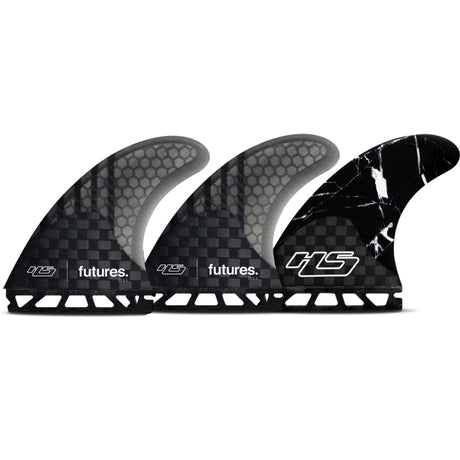 FUTURES Thruster Fin Set HS1 Hayden Cox Generation, schwarze Surfflossen mit Wabenmuster und weißer Basis, Seitenansicht