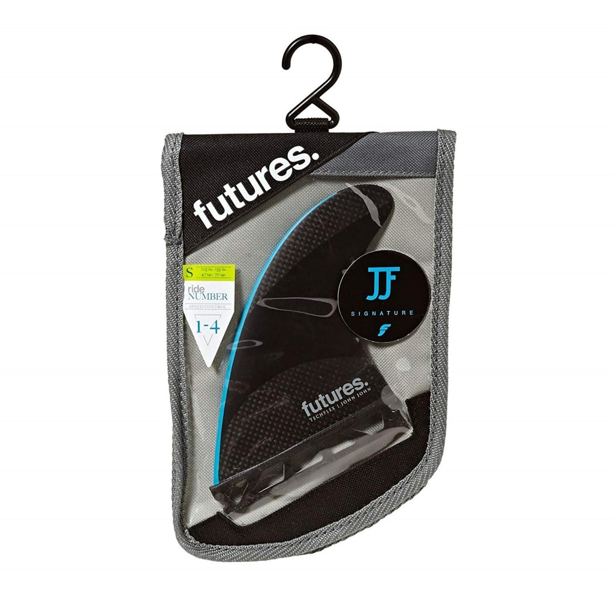 FUTURES Thruster Fin Set JJF-2 Techflex schwarz, drei Flossen in Verpackung, Frontansicht