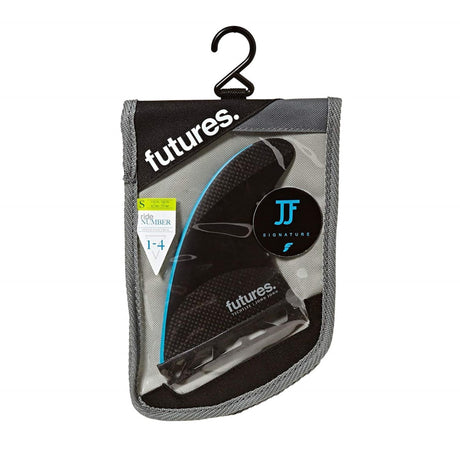 FUTURES Thruster Fin Set JJF-2 Techflex schwarz, drei Flossen in Verpackung, Frontansicht