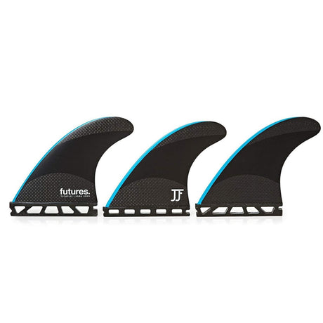 FUTURES Thruster Fin Set JJF-2 Techflex schwarz blau drei Flossen Frontansicht