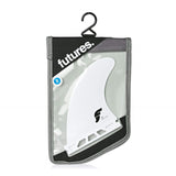 FUTURES Thruster Fin Set F4 Thermotech, weiße Surfflossen in Verpackung, Frontansicht