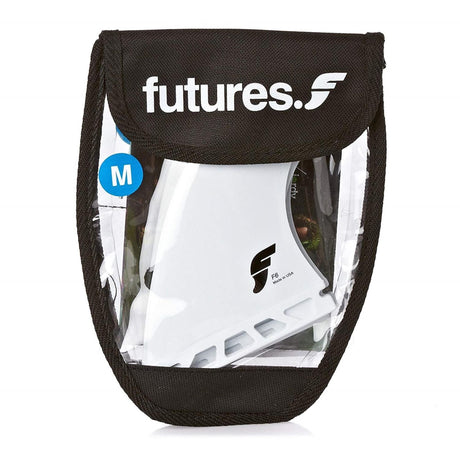 FUTURES Thruster Fin Set F6 Thermotech weiß in schwarzer Transporttasche, Größe M, Frontalansicht