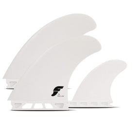 FUTURES Thruster Fin Set T1 Thermotech, weiß, drei Flossen, Seitenansicht, Performance-Surfflossen aus Thermotech-Material