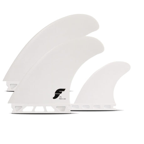 FUTURES Thruster Fin Set T1 Thermotech, weiß, drei Flossen, Seitenansicht, Performance-Surfflossen aus Thermotech-Material