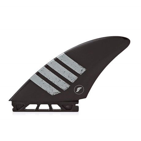 FUTURES Quad Fin Set Controller Alpha schwarze Surfflossen mit grauem Streifen-Design, Seitenansicht
