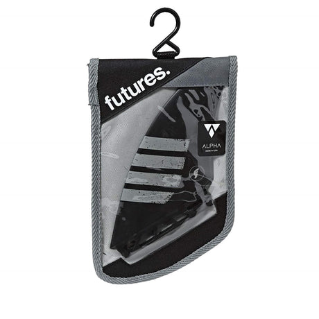 FUTURES Quad Fin Set Controller Alpha schwarze Surfflossen im Verpackungsset mit Haken