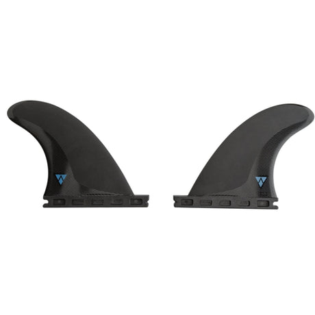 FUTURES Quad Rear Fin Set Sym Alpha, schwarze Surfflossen mit blauem Logo, Draufsicht Paar