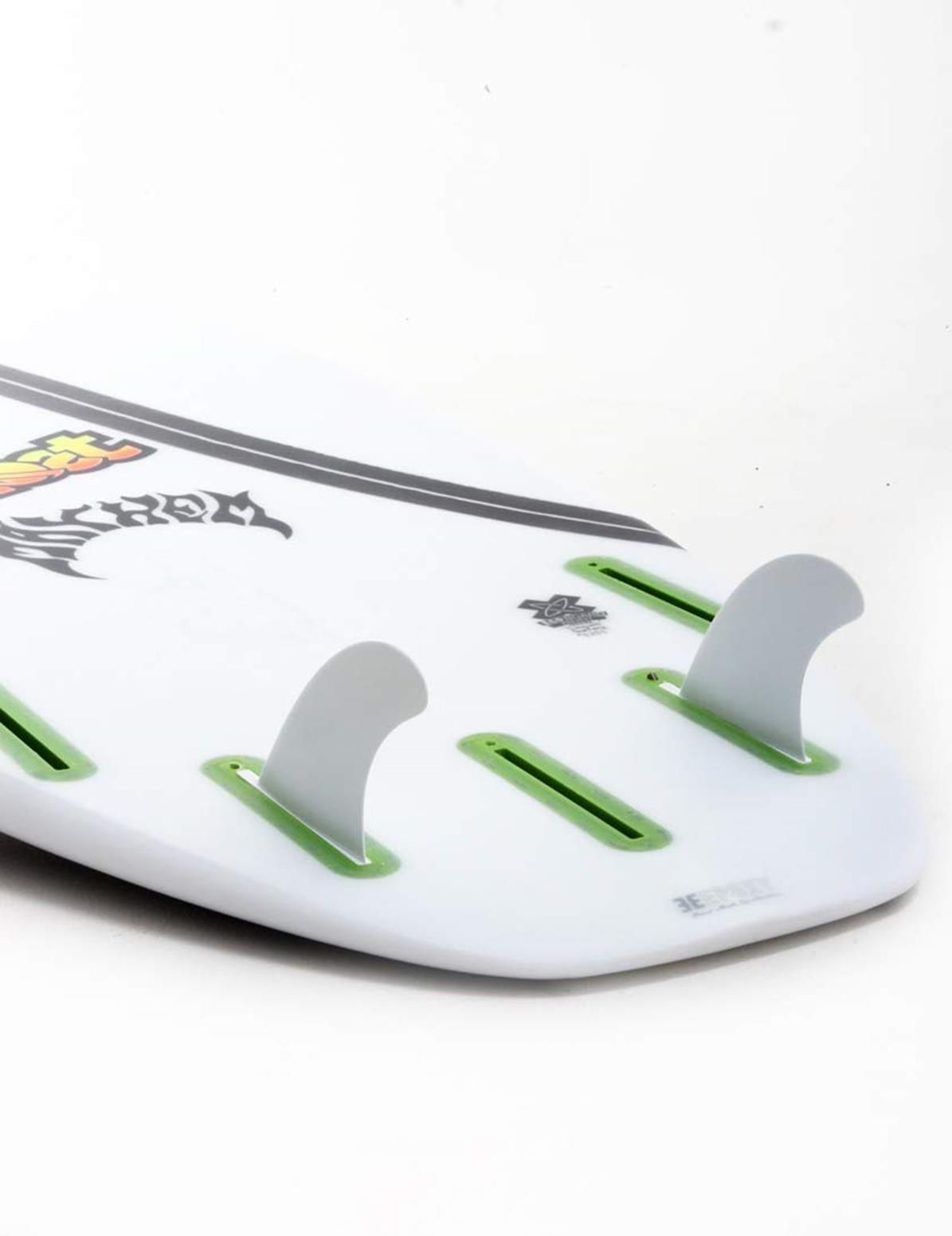 FUTURES Quad Rear 2 Fin Set Sym Thermotech grau-grün auf weißem Surfboard, Detailansicht