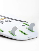 FUTURES Quad Rear 2 Fin Set Sym Thermotech grau-grün auf weißem Surfboard, Detailansicht