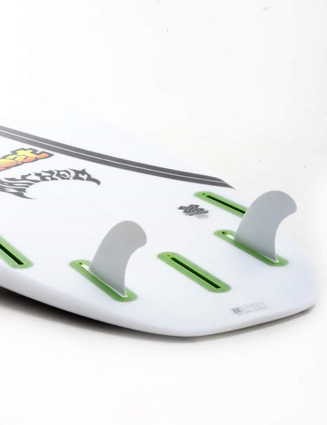 FUTURES Quad Rear 2 Fin Set Sym Thermotech grau-grün auf weißem Surfboard, Detailansicht