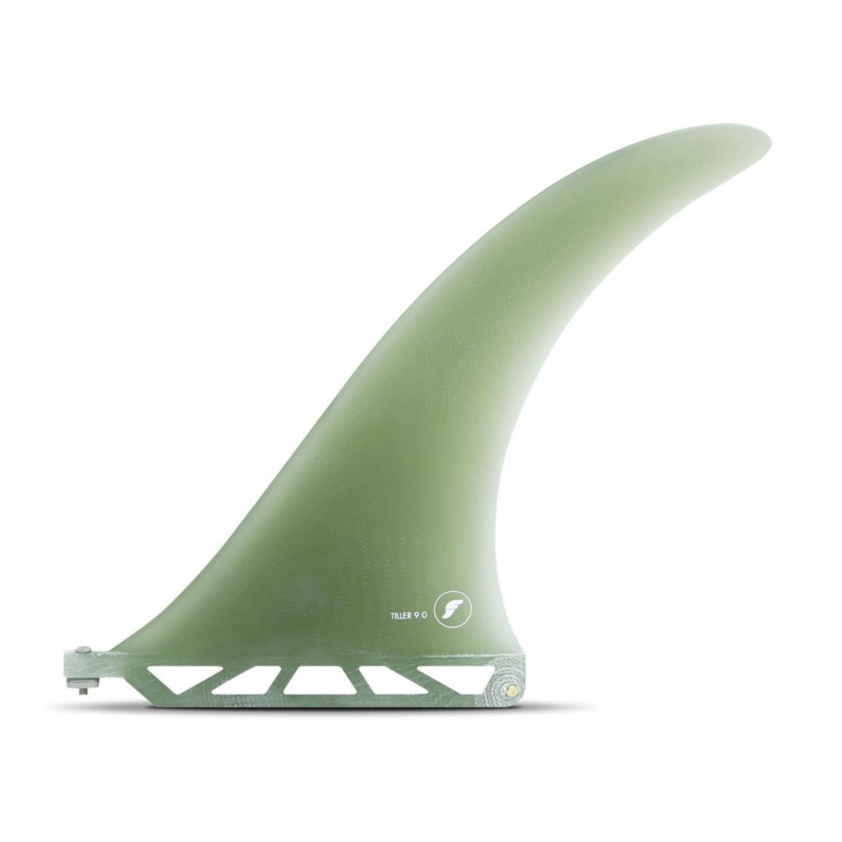 Futures Single Fin Tiller Volan Fiberglass in Grün, gebogenes Design, Seitenansicht