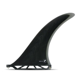 Futures Single Fin Tiller Fiberglass schwarz, gebogene Form, Seitenansicht