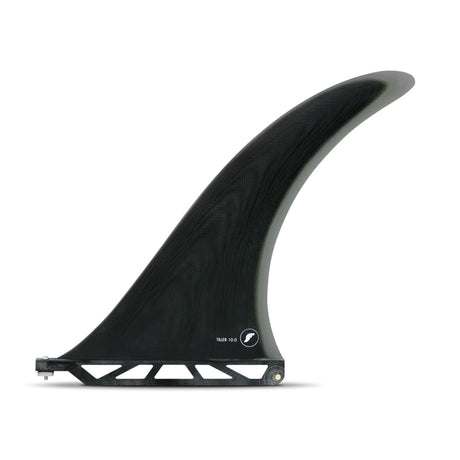 Futures Single Fin Tiller Fiberglass schwarz, gebogene Form, Seitenansicht