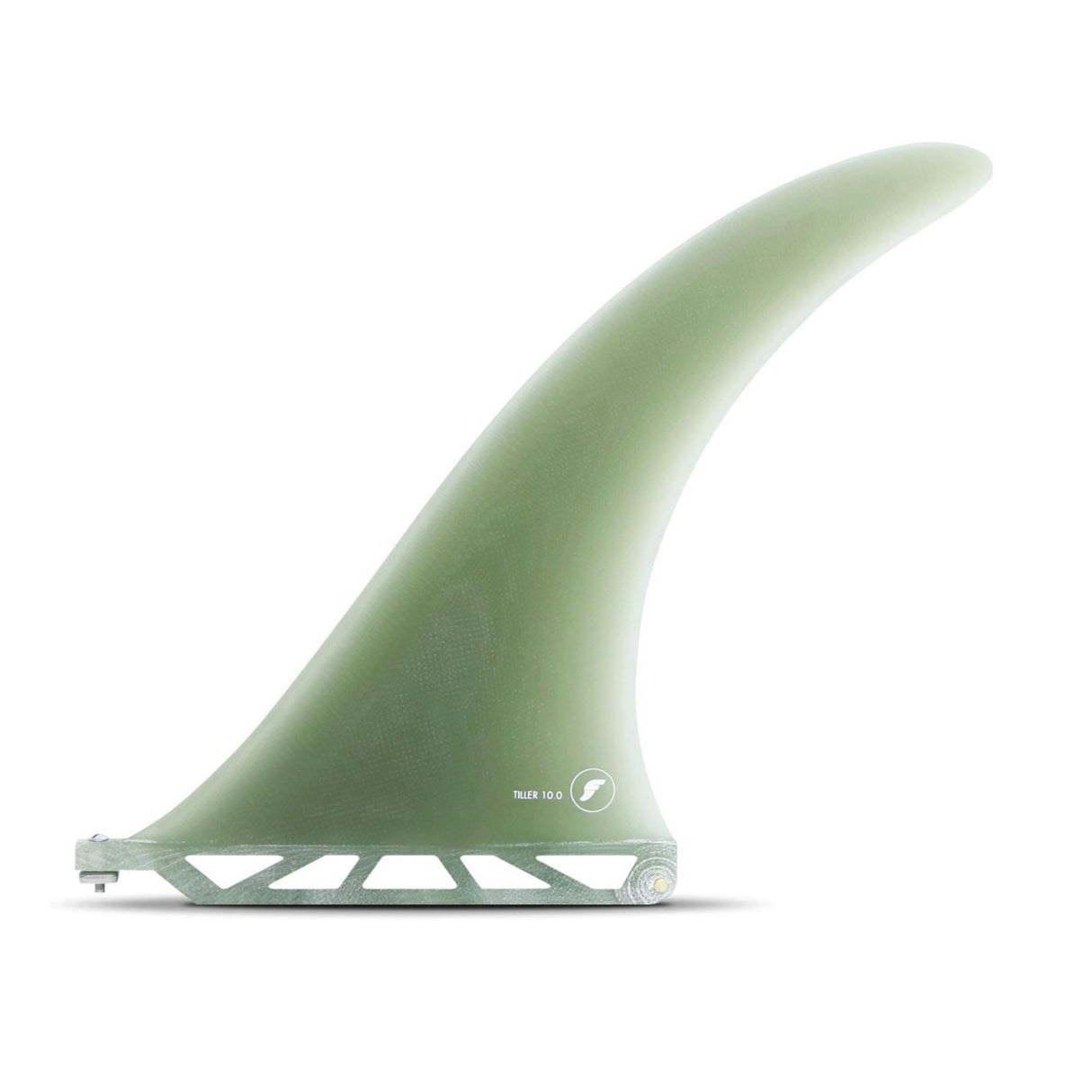 Futures Single Fin Tiller Volan Fiberglass in Grün, gebogene Form mit Basis-Montage, Seitenansicht