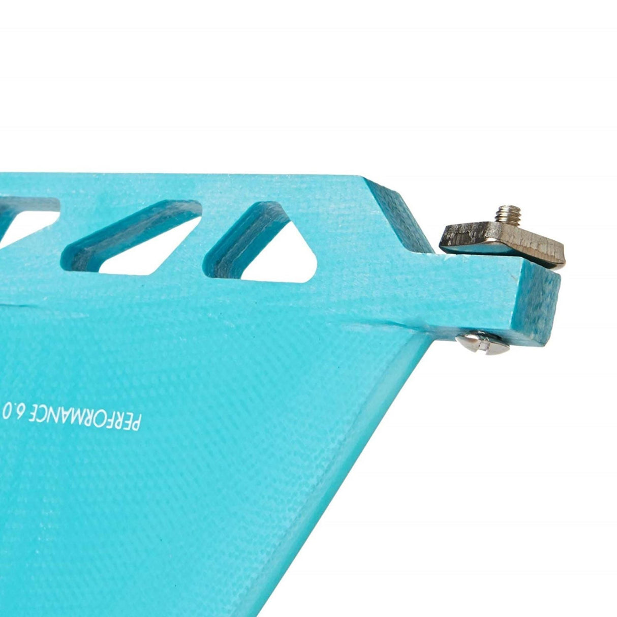 Futures Single Fin Performance Fiberglass US, Türkis, Seitenansicht mit Befestigungshardware