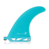Futures Single Fin Performance Fiberglass US, türkis, Seitenansicht mit gekrümmtem Design und Befestigungssystem