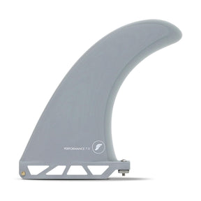 Futures Single Fin Performance Fiberglass grau, geschwungene Form mit Finne-Design, Seitenansicht