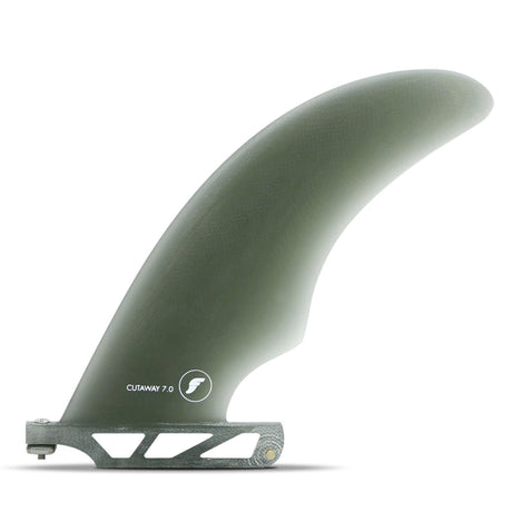 FUTURES Single Fin Cutaway Fiberglass US grau, Seitenansicht mit Cutaway-Design und Befestigungssystem