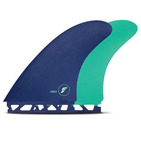 FUTURES Twin Fin Set Akila Aipa Fiberglass navy blau und türkis, seitliche Ansicht