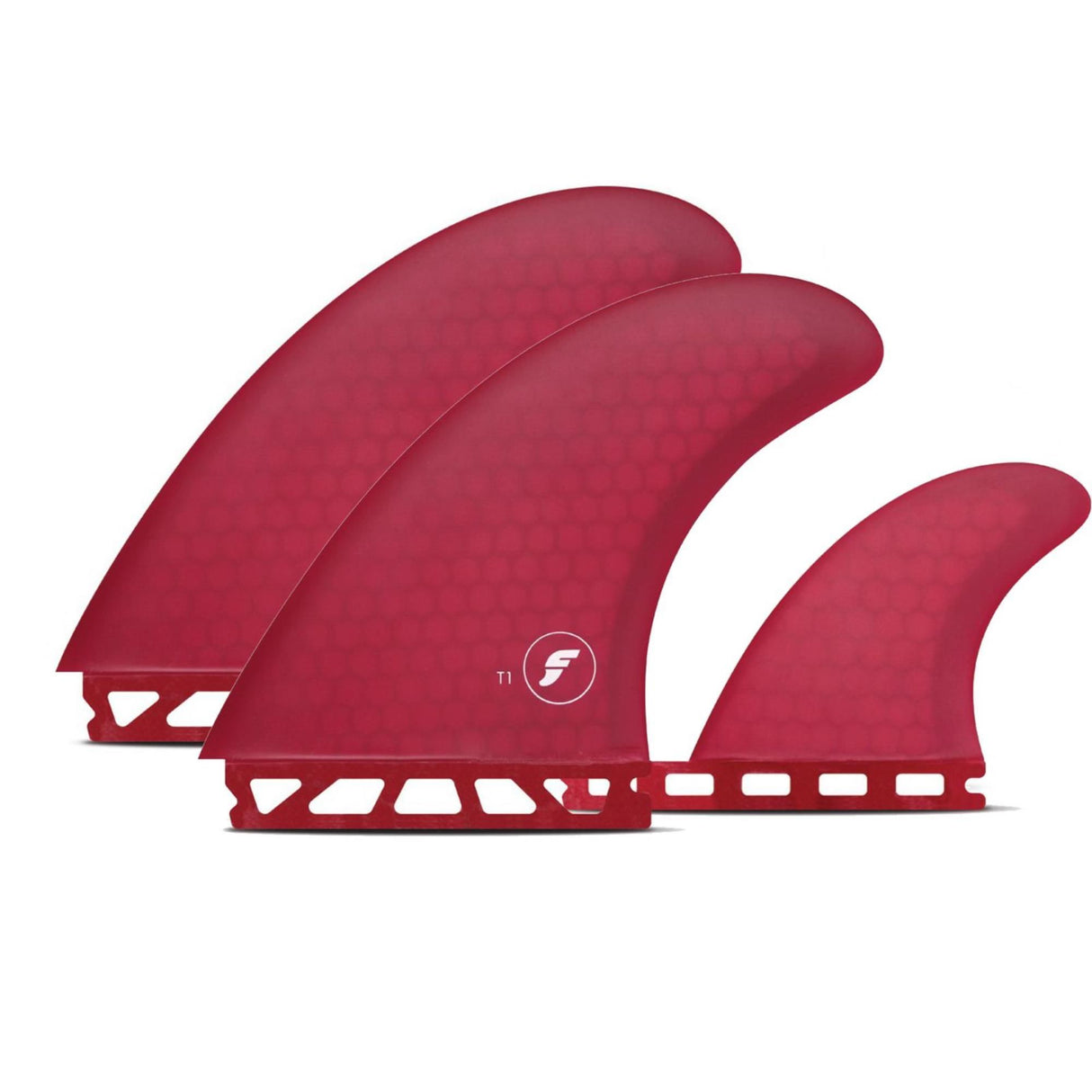 Futures Twin Tri Fin Set T1 Honeycomb, drei rote Surfflossen mit Wabenmuster, Seitenansicht