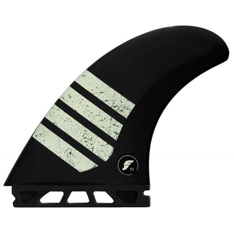 Futures Twin Tri Fin Set T1 Alpha schwarze Surfflossen mit cremefarbenen Streifen, seitliche Ansicht