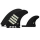 Futures Twin Tri Fin Set T1 Alpha schwarze Surfflossen mit weißen Streifen, Frontansicht