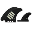 Futures Twin Tri Fin Set T1 Alpha schwarze Surfflossen mit weißen Streifen, Frontansicht