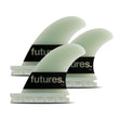 FUTURES Big Wave Thruster Fin Set Gerry Lopez G10 grün, drei Flossen aus G10-Material mit schwarzen Bändern, Ansicht von vorne
