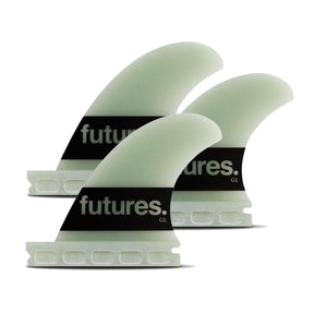 FUTURES Big Wave Thruster Fin Set Gerry Lopez G10 grün, drei Flossen aus G10-Material mit schwarzen Bändern, Ansicht von vorne