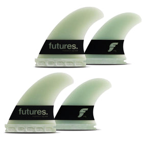 FUTURES Big Wave Quad Finnensatz Paddle Gun G10, vier grüne Flossen mit schwarzen Baseplatten, Frontansicht