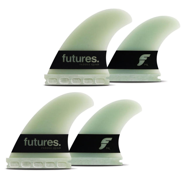FUTURES Big Wave Quad Finnensatz Paddle Gun G10, vier grüne Flossen mit schwarzen Baseplatten, Frontansicht