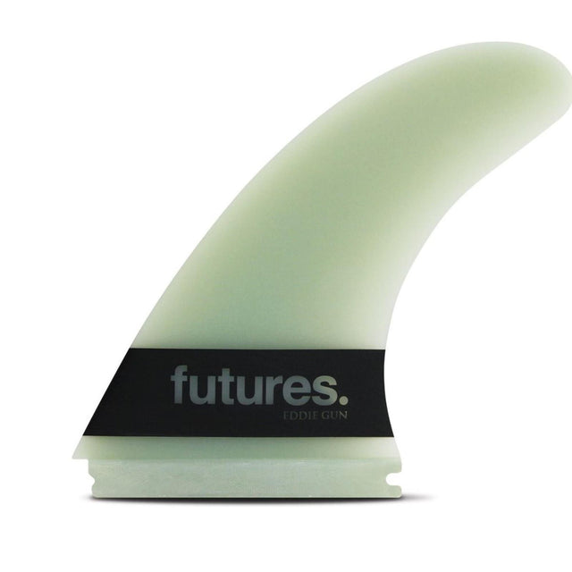 FUTURES Big Wave Single Fin Eddie Gun G10 in Mintgrün, Seitenansicht mit schwarzem Futures-Branding