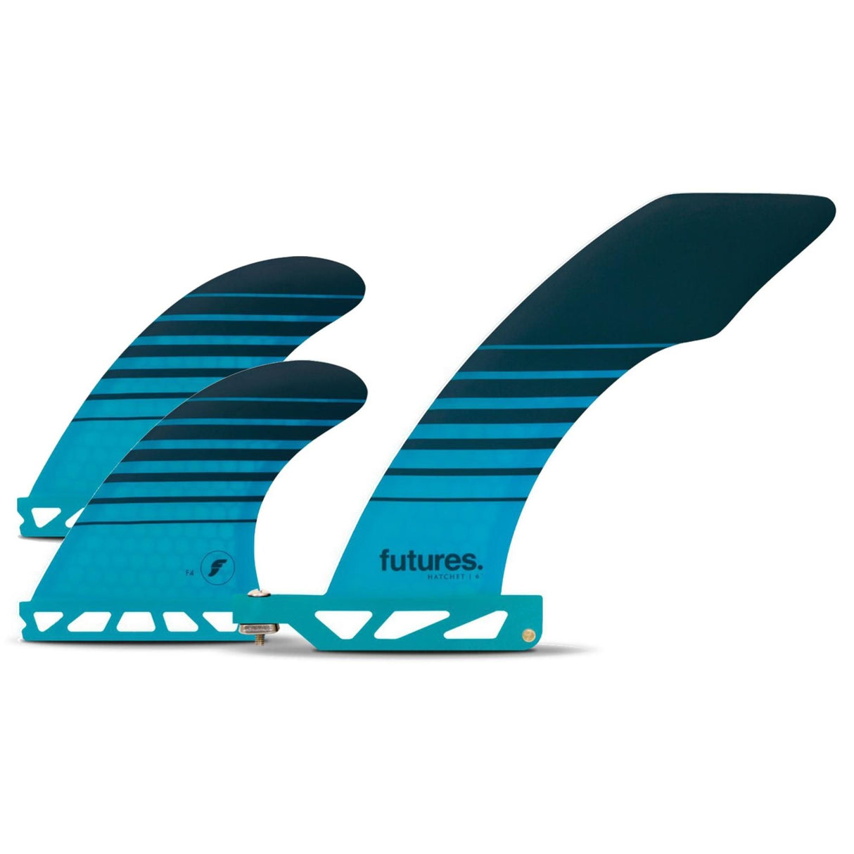 FUTURES 2+1 Fin Set Solus Hatchet Honeycomb, drei türkise Finnen mit Streifenmuster, Seitenansicht