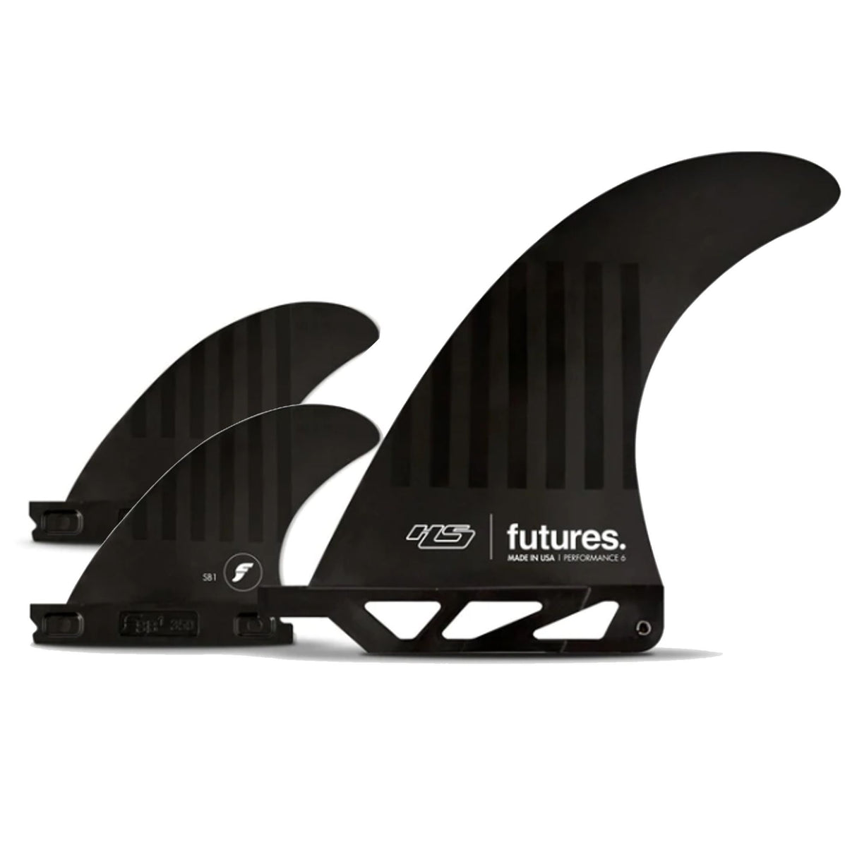 FUTURES 2+1 Fin Set HS 2+1 Compound Hayden schwarz, drei Flossen aus Kunststoff mit Rillenstruktur, Seitenansicht