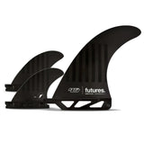 FUTURES 2+1 Fin Set HS 2+1 Compound Hayden schwarz, drei Flossen aus Kunststoff mit Rillenstruktur, Seitenansicht