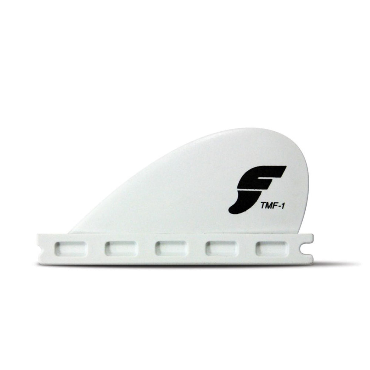 Futures Knubster Fin TMF-1 Thermotech weiß, Seitenansicht mit schwarzem Logo und Befestigungssystem
