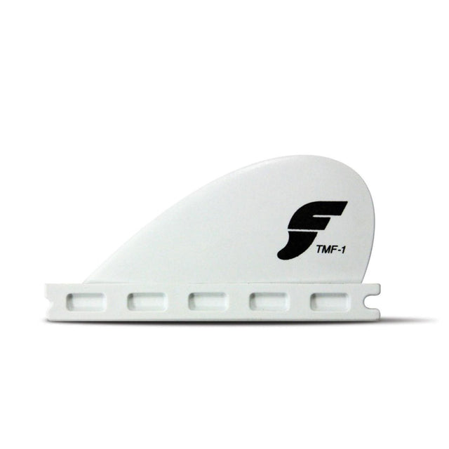 Futures Knubster Fin TMF-1 Thermotech weiß, Seitenansicht mit schwarzem Logo und Befestigungssystem