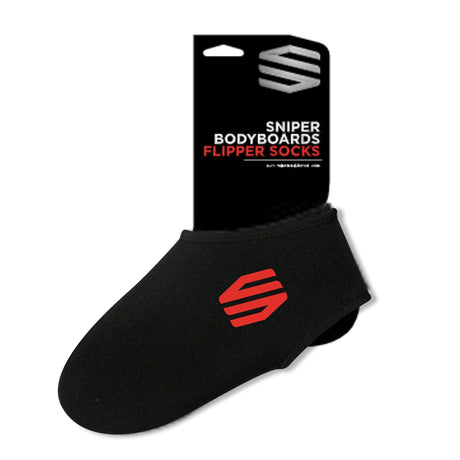 Sniper Bodyboard Neopren Socken schwarz mit rotem Logo, Flipper Socks Verpackung