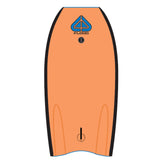 Flood Usurper Bodyboard orange mit schwarzen Kanten, Draufsicht, Kunststoff-Surfboard mit blauem Logo