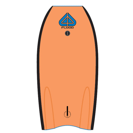 Flood Usurper Bodyboard orange mit schwarzen Kanten, Draufsicht, Kunststoff-Surfboard mit blauem Logo