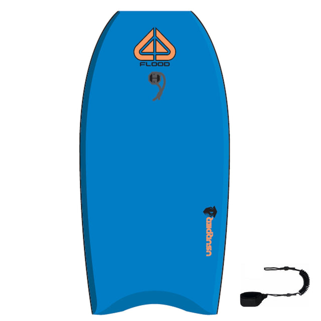 Flood Usurper Bodyboard in Blau mit Orange Logo, Draufsicht, inklusive Leash