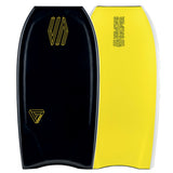 SNIPER Bodyboard Cortex PE Flex in Schwarz und Gelb mit weißen Kanten, Draufsicht