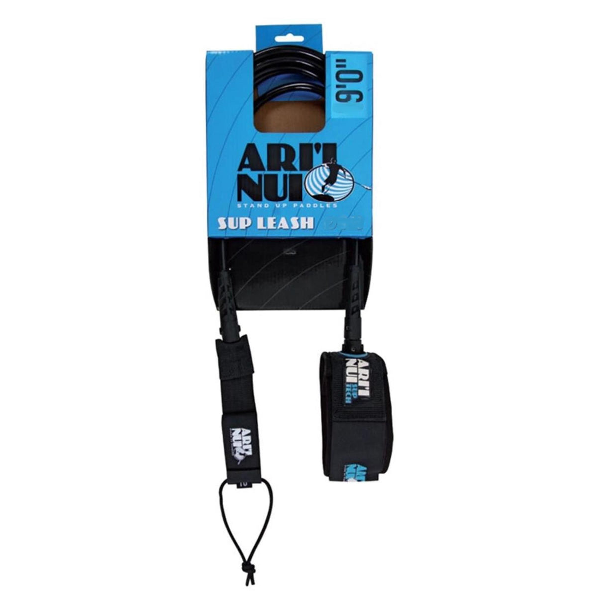Ariinui SUP Straight Knie Leash 90 Zoll, schwarze Neoprenleine mit blauer Verpackung, Frontansicht
