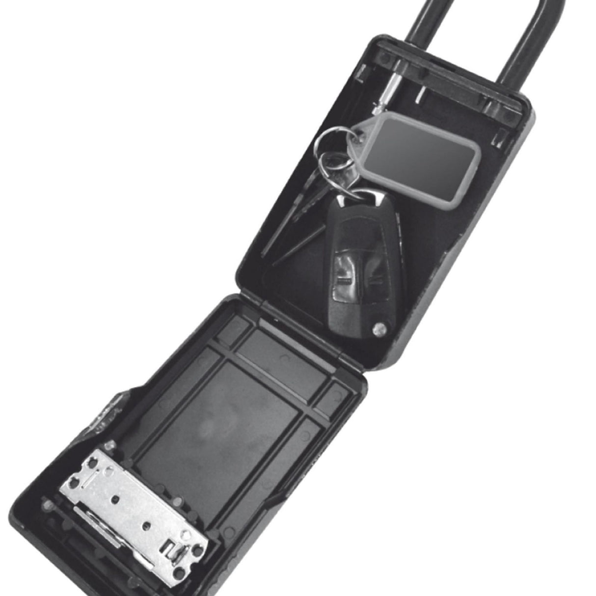 MDNS Keylock Safe Box, schwarzes Kunststoff-Tresorgehäuse mit Schlüsselschloss, geöffnet, Innenansicht mit Fächern und Tragegriffen
