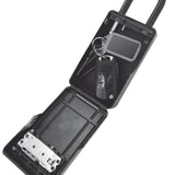 MDNS Keylock Safe Box, schwarzes Kunststoff-Tresorgehäuse mit Schlüsselschloss, geöffnet, Innenansicht mit Fächern und Tragegriffen