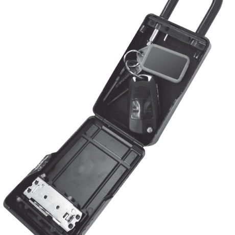 MDNS Keylock Safe Box, schwarzes Kunststoff-Tresorgehäuse mit Schlüsselschloss, geöffnet, Innenansicht mit Fächern und Tragegriffen