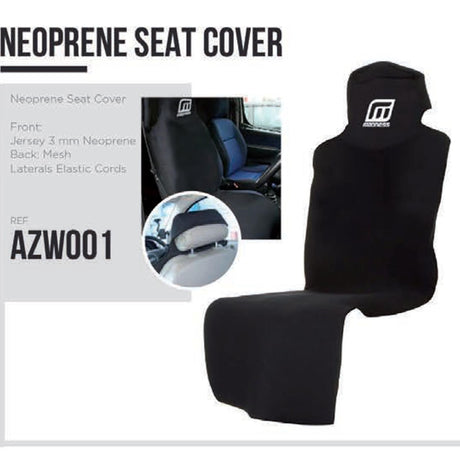 MDNS Neopren Auto-Sitzbezug in Schwarz mit Jersey-Vorderseite, Mesh-Rückseite und elastischen Seitenkordeln, Frontansicht