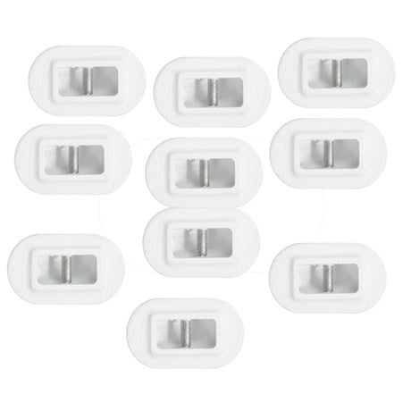 Futures Leash Plug Set, acht weiße Kunststoffstecker mit Metallteilen, Draufsicht auf komplettes Set