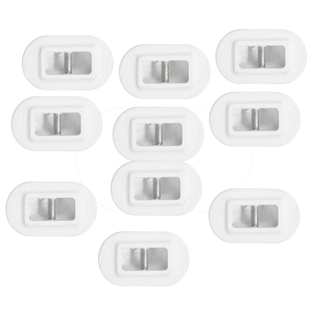 Futures Leash Plug Set, acht weiße Kunststoffstecker mit Metallteilen, Draufsicht auf komplettes Set