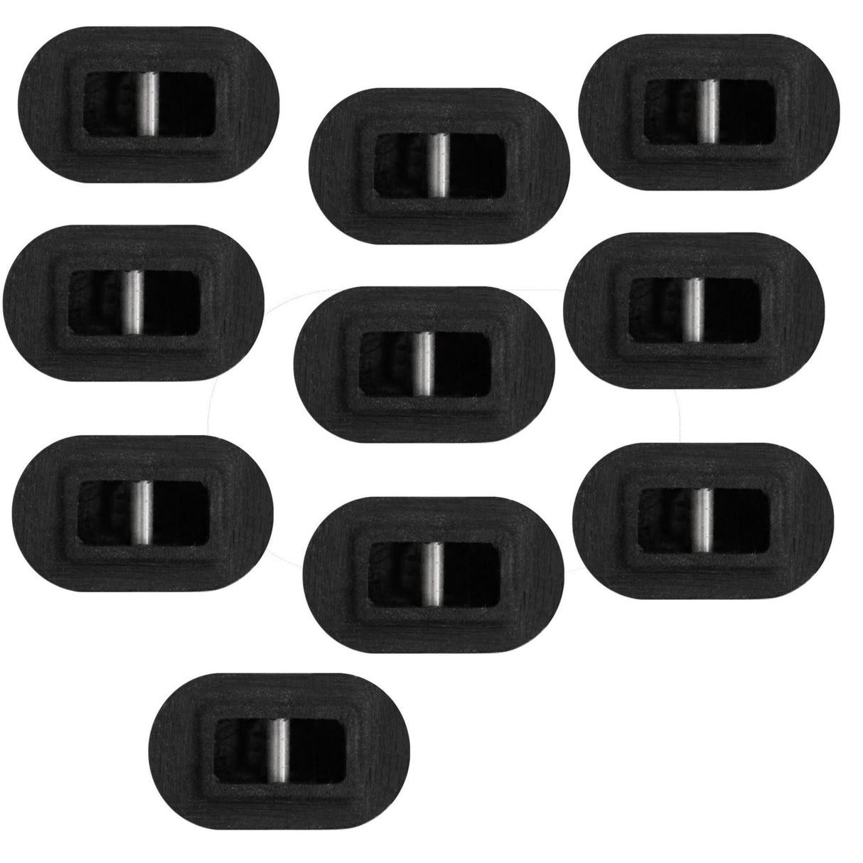 Futures Leash Plug Set, zehn schwarze Kunststoff-Stöpsel mit Metallstift, Draufsicht